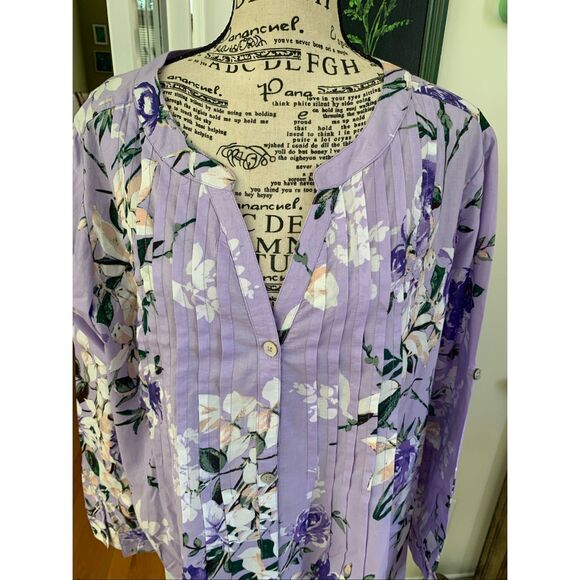 Roaman's Floral Y-Neck Pintuck Tunic - Picture 3 of 9